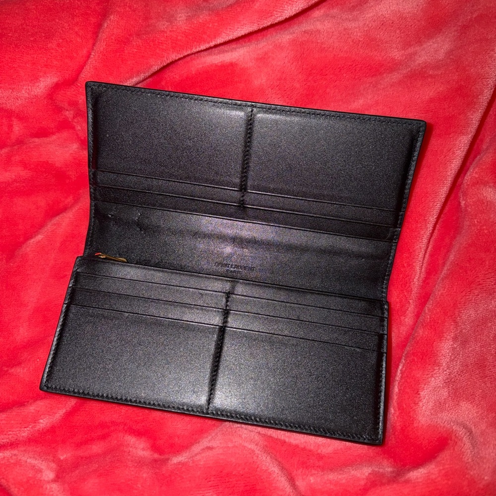 Authentic Vintage Saint Laurent Black Leather Long Wallet with Gold Logo - Picture 3 of 5